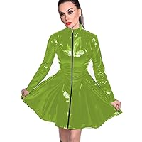 23 Colors Long Sleeve PVC Pleated Mini Dress Zipper Front Sexy Wetlook Clubwear (Fruit Green,3XL)