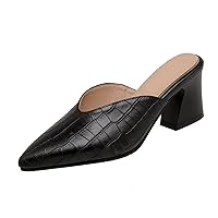 Womens Pointy Toe Block Heel Mules Crocodile Printed Low Heels Slide Sandals Casual Shoes