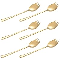 6 Pcs SUS 304 Stainless Steel Spork Silver Ice Cream Spoon Salad Fork for Fruit Appetizer Dessert, 7 1/2 inch-Gold