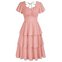 Belle Poque Women's Square Neck Tiered Ruffle Dress 2024 Summer Vintage Short Sleeve Layered A-line Swing Midi Dress