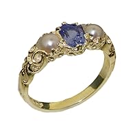 14k Yellow Gold Real Genuine Tanzanite & Cultured Pearl Womens Band Ring