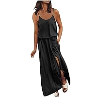 Summer Dresses for Women Casual Sleeveless Elastic Waist Pleated Side Split Maxi Dress Long Cami Beach Sundress with Pockets