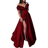 Satin Off The Shoulder Prom Party Dresses A Line Long Formal Evening Gown withn Split