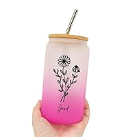 Custom Birth Flower Glass Water Bottle, Personalized Birth Flower Glass Tumbler with Name, Valentines Day Gifts, Engagement Gifts for Girlfriend, Coffee Lover, Glass Bottle W/Lids Straws