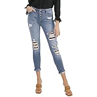 Kan Can Women's High Rise Button Fly Distressed Super Skinny Jeans