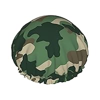 Camouflage Green Printed Shower Cap for Women Waterproof Bath Caps Reusable Double Layered Shower Hat Bathing Shower Caps for Men Ladies Spa Salon