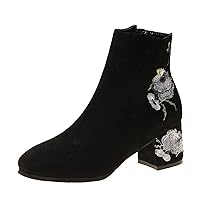 Women Suede Mid-Heel Embroidered Mid-Tube Booties Woman Ankle Boots Spring Autumn and Winter Warm Cotton Shoes (Color : White, Size : 36EU_Plush)