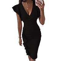 Umenlele Women's Deep V Neck Ruffle Sleeves Ruched Cocktail Pencil Bodycon Midi Dress