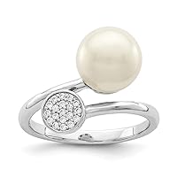 925 Sterling Silver Rhodium Plated Polished With CZ Cubic Zirconia Simulated Diamond and Acrylic Pearl Ring Jewelry for Women - Ring Size Options: 6 7 8