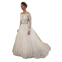 Short Length Lace Bridal Ball Gowns with Detachable Train Long Sleeves Wedding Dresses for Bride 2PCS