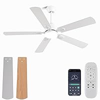 52 inch Modern White Ceiling Fans with Lights Remote/App Control, Low Profile Reversible 6 Speeds Ceiling Fan Light for Indoor/Outdoor Patio Bedroom Living Room