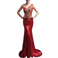 Women's One Shoulder Sequins Decals Mermaid Tail Ball Gown