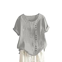 Women's Fashion 2023 Round Neck Vintage Cotton and Hemp Solid Button Short Sleeve T-Shirt Top Underscrub Long