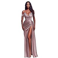 Beaded Satin Prom Dresses Long Ruched Mermaid Formal Dresses Off Shoulder Evening Gowns with Slit