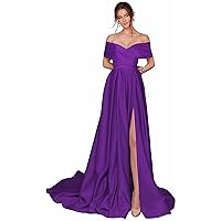 Women's Long Satin Prom Dresses with Pockets Off Shoulder High Slit Formal Party Gowns