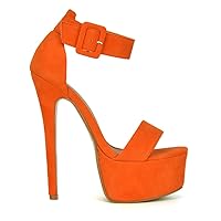 Womens Stiletto High Heel Sandals Ladies Orange Faux Suede Ankle Strap Platform Peeptoe Party Shoes
