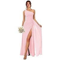 Women's Long One Shoulder Bridesmaid Dresses for Women Ruched Chiffon A Line Evening Formal Gown with Slit R055