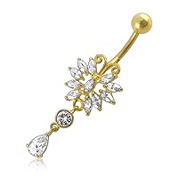 14K Solid Yellow Gold Jeweled Fancy Butterfly Danging Round and Teardrop with CZ Stone Belly Ring