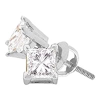14kt White Gold Unisex Princess Diamond Solitaire Stud Earrings 1/4 Cttw