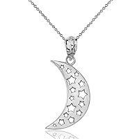 SOLID WHITE GOLD MOON CRESCENT AND STARS PENDANT NECKLACE - Gold Purity:: 10K, Pendant/Necklace Option: Pendant With 16