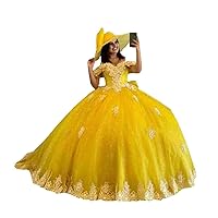 3D Floral Flower Yellow Quinceanera Dresses Ball Gown Off Shoulder Glitter Tulle Lace Mexican Style Prom Formal Dress