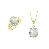 Rylos Women's 14K Yellow Gold Princess Diana Ring & Pendant Necklace Set. Gemstone & Diamonds, 9X7MM Birthstone. 2 PC Perfectly Matched Gold Jewelry, Sizes 5-11