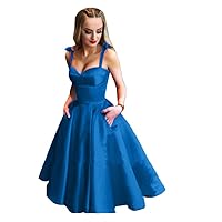 Women's Tea Length Satin Prom Dresses A Line Evening Party Gowns with Pockets