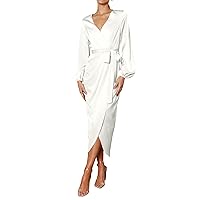 PRETTYGARDEN Women's Maxi Satin Dress Puff Sleeve Wrap V Neck Ruched Belted Long Formal Cocktail Dresses