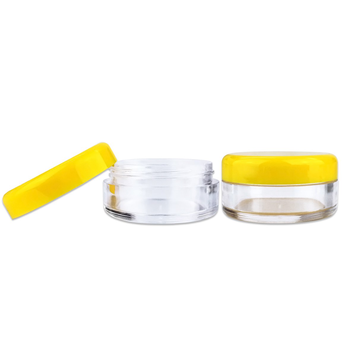 (Quantity: 50 Pieces) Beauticom 5G/5ML Round Clear Jars with Yellow Lids for Scrubs, Oils, Toner, Salves, Creams, Lotions, Makeup Samples, Lip Balms