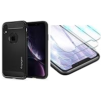 Spigen Rugged Armor Designed for iPhone XR Case (2018) - Matte Black & ORIbox Glass Screen Protector for iPhone 11 ,XR (6.1 Inch) Tempered Glass Screen Protector, 3-Count (Pack of 1) Clear