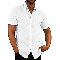 Men's Casual Summer Button Down Linen Shirts Short Sleeve Cotton Beach Tops with Pocket