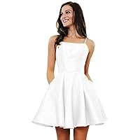 Women's Short A-Line Homecoming Dresses for Teens Spaghetti Straps Satin Backless Prom Dresses with Pockets