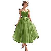 Basgute Tulle Tea Length Prom Dresses for Women Corset Sweetheart Spaghetti Straps Teens Formal Evening Party Gowns