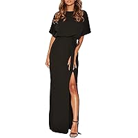 Happy Sailed Womens Formal Dress Batwing Sleeve Waist Belted High Slit Long Maxi Cocktail Party Dresses Evening Gown