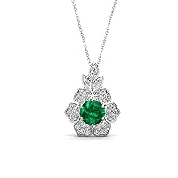 Round Emerald Diamond 1/2 ctw Women Floral Halo Pendant Necklace 16 Inches Chain 14K Gold