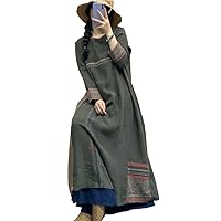 Women Embroidered Dress Linen Loose O-Neck Long Sleeve Dresses Spring Chinese Style Clothes