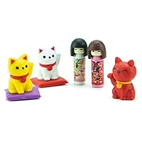 Japanese Iwako Maneki Neko & Kokeshi Eraser Set