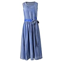 Women Long Mid-Calf Sleeveless Denim Summer Lace Up O-Neck Vintage Embroidery Dresses