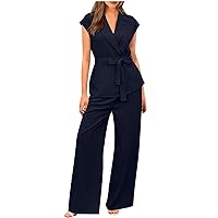 Summer Belted Suit Sets Women 2 Piece Dressy Outfits Cap Sleeve Lapel Blazer Cardigan Wide Leg Pant Office Work Set