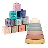 Mini Tudou Baby Blocks & Stacking Rings Toy Set, Baby Sensory Building & Teething Toys Educational Squeeze Play with Animals Shapes Textures Numbers, Best for Toddlers Babies 6m+