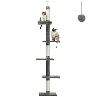 Cat Tower 5-Tier Floor to Ceiling Cat Tree Height(95-107 Inches) Adjustable, Tall Climbing Tree Featuring with Scratching Post, Cozy Bed,Interactive Ball Toy for Indoor Cats/Kitten Grey