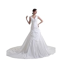 Ivory A-Line V-Neck Taffeta Wedding Dress With Floral Appliques