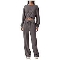 Women Twist Outfits 2 Piece Sweatsuit Set Long Sleeve Cropped Sweatshirt Wide Leg Sweatpant Y2K Lounge Tracksuit