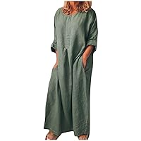 Long Sleeve Dress for Women Chic Rolled-Up Sleeve Long Cotton Blouse Maxi Dress with Pocket