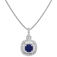 1.10 ctw Cushion Shape Created Blue Sapphire & Cubic Zirconia 925 Sterling Sliver Halo Pendant Necklace Gifts for Women's/Girls 14K Gold Plated