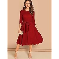 Dresses for Women - Scallop Trim Tie Waist Skater Dress (Color : Red, Size : X-Small)