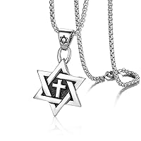 Cross in Six-Pointed Megan Star of David Necklace Religious Vintage Stainless Steel Pendant with 22 Inch Chain