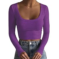 Artfish Women's Square Neck Long Sleeve Ribbed Slim Fitted Casual Basic Crop Top