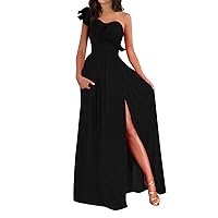 One Shoulder Dresses for Women Ruffle Sleeveless High Waist Side Slit Maxi Dress Formal Gowns and Evening Dresses