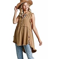 Womens Shirt Dress V Neck Long Sleeve Loose Casual with Pockets Front Button Ruffle Sleeve Frayed Hems Tops